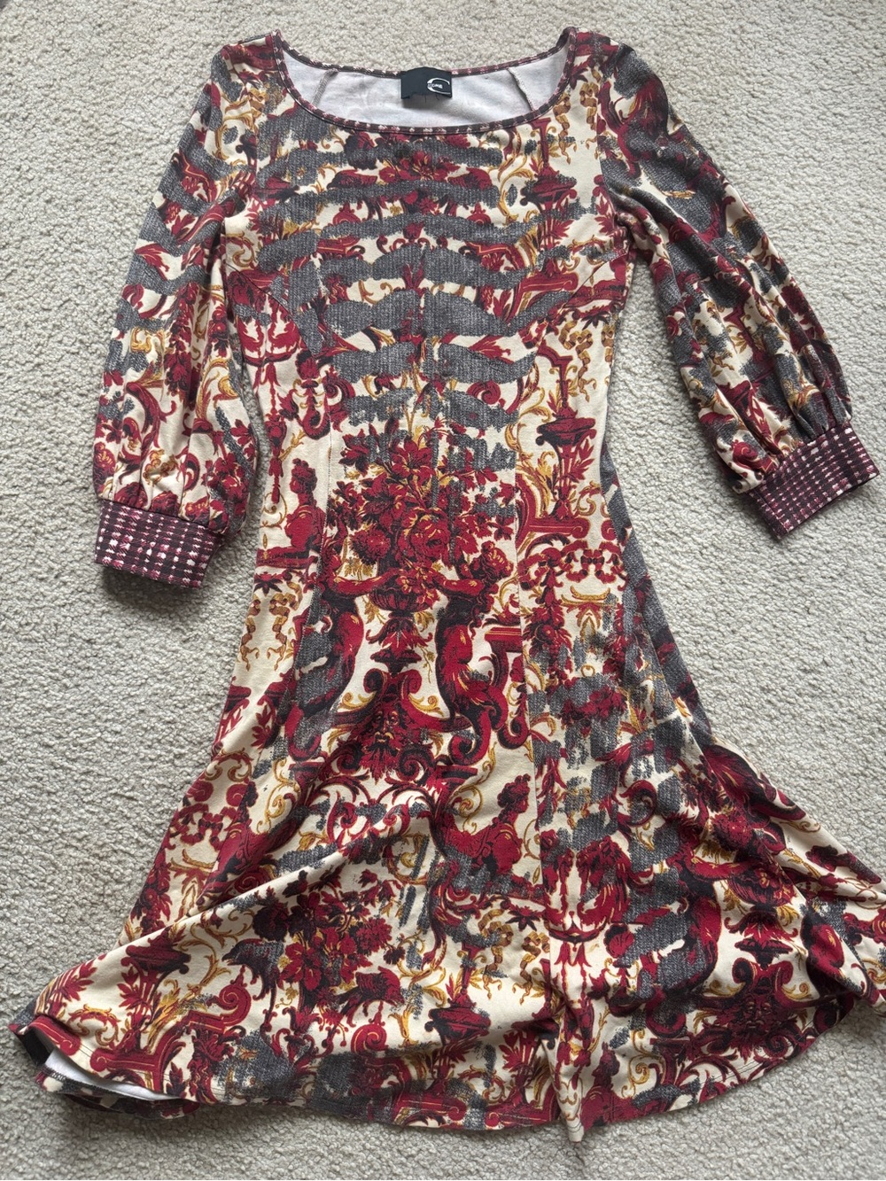 Just Cavalli Baroque Print Fit & Flare Red 3/4 Sleeve Mini Dress